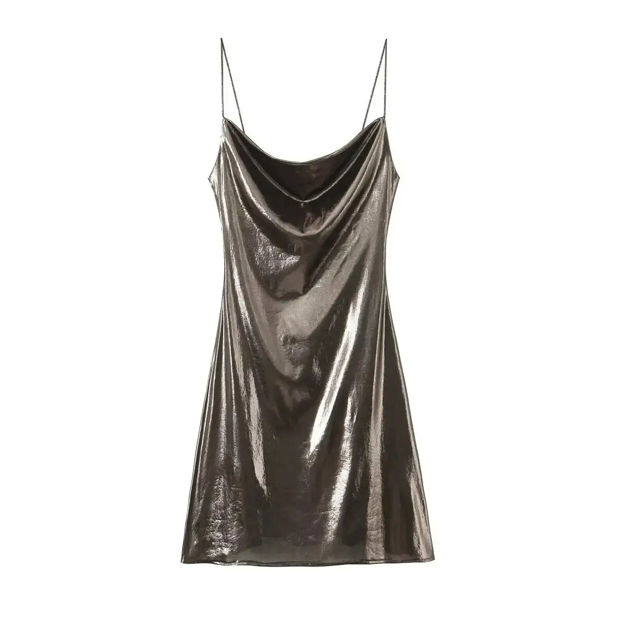 Summer Women Shinning Metallic Color Sling Mini Dress Female Chic Pleat Design Casual Slim Party Vestidos DS5000
