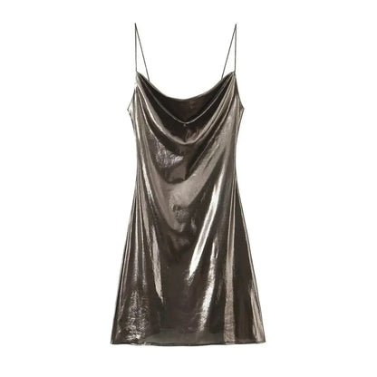 Summer Women Shinning Metallic Color Sling Mini Dress Female Chic Pleat Design Casual Slim Party Vestidos DS5000