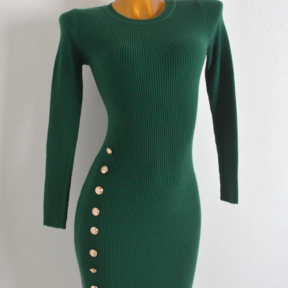 Spring Autumn Knitted Elastic Waist Dress Coat Design Button round Neck Bodycon Skirt Casual Style Long Sleeve Women's Dress