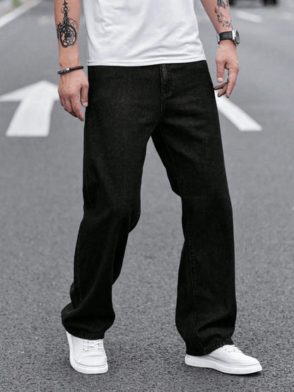 Men's Straight-Leg Casual Jeans with Five-Pocket Design in Black for All-Season Comfort and Mid-Rise Fit