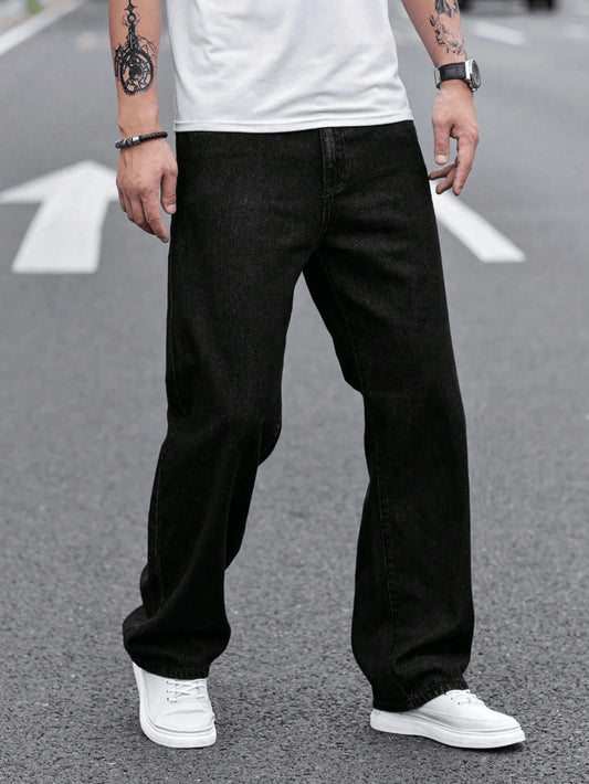 Men's Straight-Leg Casual Jeans with Five-Pocket Design in Black for All-Season Comfort and Mid-Rise Fit