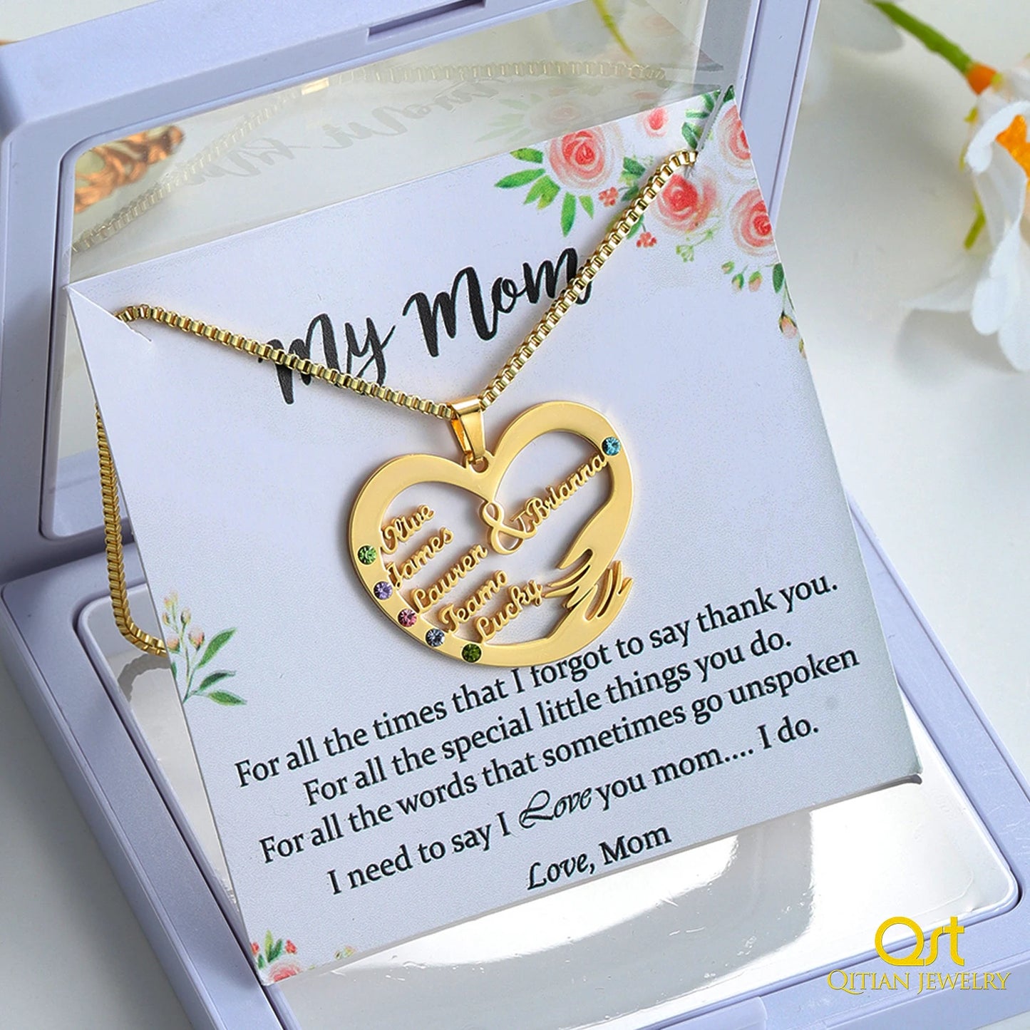 Qitian Custom Name Necklace With Birthstones Family Jewelry Personalized Heart Mother And Child Pendant Mother's Day Gift Chain