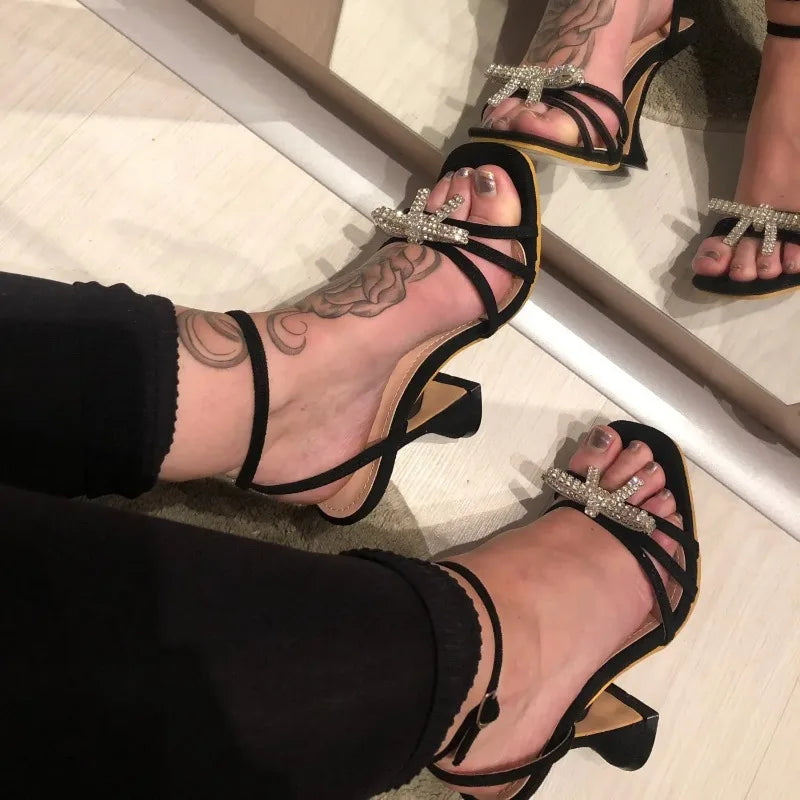 Ultra-high Heel Women's Sandals Fashion Square Toe Design High-heeled Sandal Luxury Rhinestone Bow High-heeled Sandals for Women