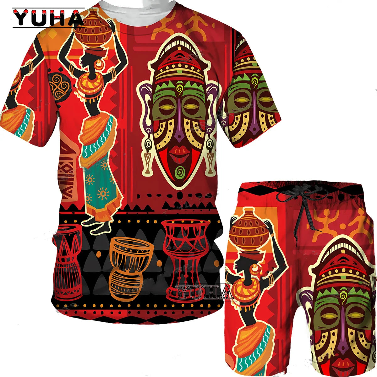 YUHA,3D Printed Men T-shirt Shorts Set 2pc Hip Hop Style Short Sleeve O-neck Summer African Folk-custom Pattern Men's Clothing S