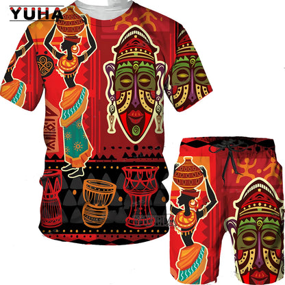 YUHA,3D Printed Men T-shirt Shorts Set 2pc Hip Hop Style Short Sleeve O-neck Summer African Folk-custom Pattern Men's Clothing S