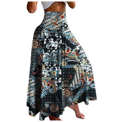 Women Vintage Floral Print Boho Skirt 2024 Summer Casual Loose Pleated Long Skirt Elegant Female High Elastic Waist Maxi Skirts