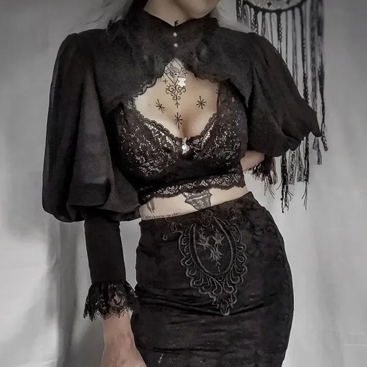 Lace Gothic Black Short Steampunk Crop Jacket Kawaii Vintage Gorgeous Palace Blouse Women Party Bolero Victorian Coat Corset