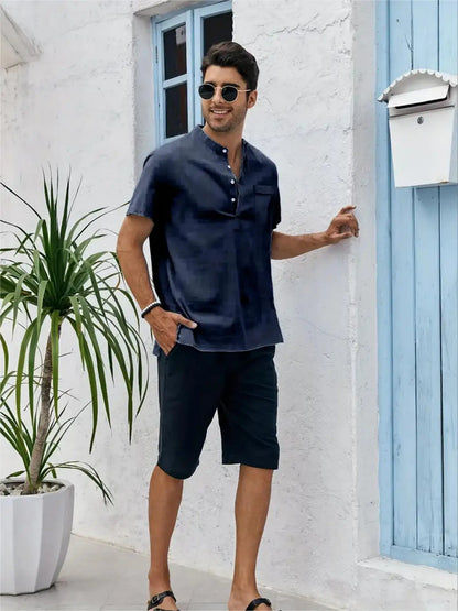 Men's Plus Size Cotton Linen Shirt with Pocket Casual Polo Shirt  Short Sleeve Shirts  Summer Lightweight Beach Tops