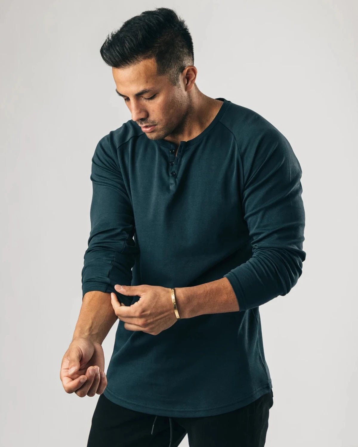 Men Muscle Shirt Long Sleeve T-shirt Solid Vintage Henley Shirts Sports Fitness Casual Cotton Stretch Thin V-neck Tee