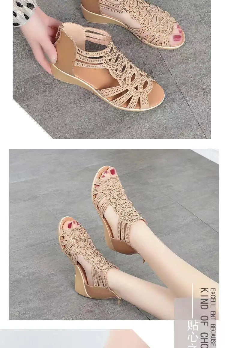 Real Soft Leather Roman Sandals Women's Chunky Heel Mom Shoes Fashion Outerwear Women's Sandals Wedge Women's Shoes 2023