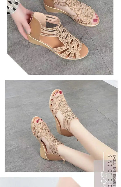 Real Soft Leather Roman Sandals Women's Chunky Heel Mom Shoes Fashion Outerwear Women's Sandals Wedge Women's Shoes 2023