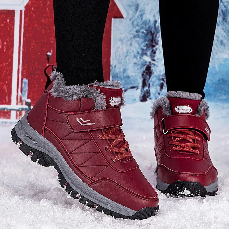 Winter Men Boots Leather Waterproof Outdoor Non-slip Hiking Shoes Unisex Men Women Warm Plush Ankle Boot Big Size 47 48