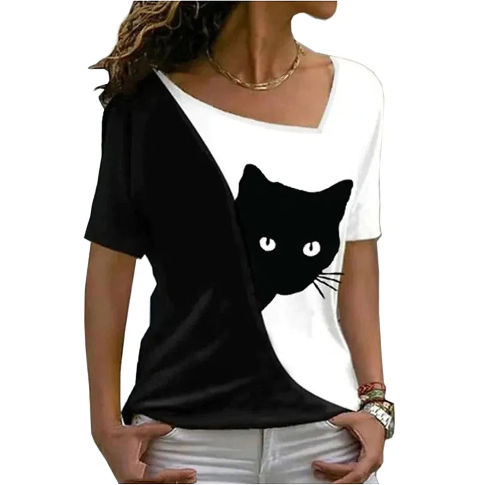 2023 summer women clothes blouse new style inclined collar black cat print short sleeve T-shirt women