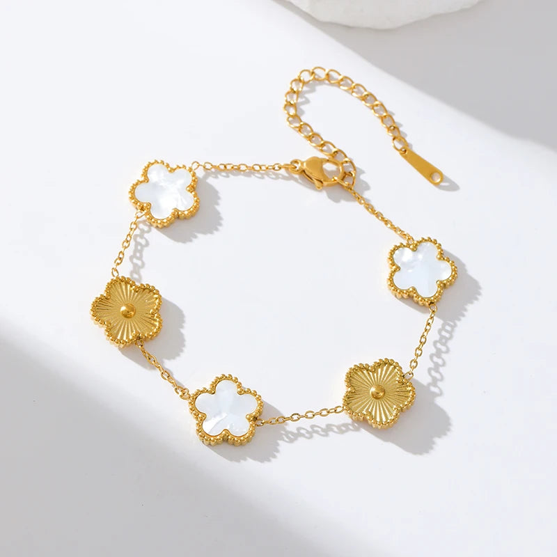 Stainless Steel White Plum Blossom Plant Leaf Flower Set Reversible Necklace Earrings Bracelet Women Clover Jewelry