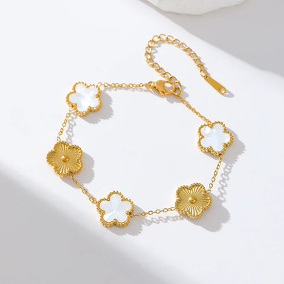 Stainless Steel White Plum Blossom Plant Leaf Flower Set Reversible Necklace Earrings Bracelet Women Clover Jewelry