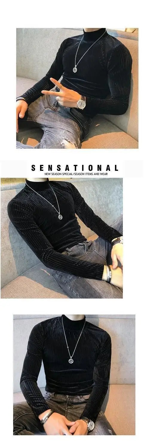 Fashion Men's Autumn Winter Luxury Clothing Heat Keep Warm Casual T-Shirt Mock Neck Tops Stripe Long Sleeve Gold Velvet T-Shirts