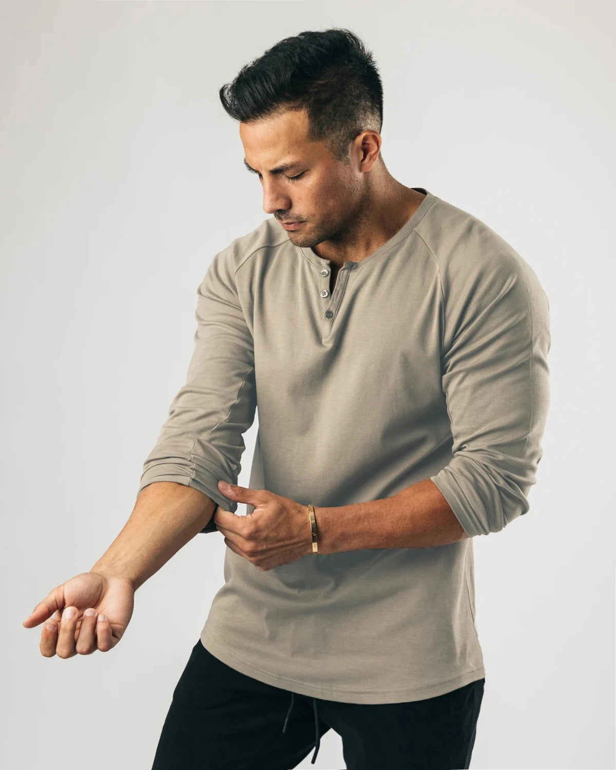 Men Muscle Shirt Long Sleeve T-shirt Solid Vintage Henley Shirts Sports Fitness Casual Cotton Stretch Thin V-neck Tee
