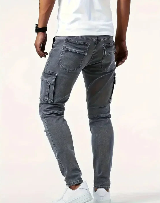 Men's workwear multi pocket jeans, casual street style straight leg denim pants