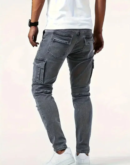 Men's workwear multi pocket jeans, casual street style straight leg denim pants