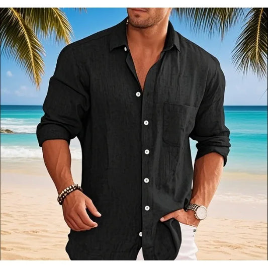 2025 new men's linen shirt loose plus size business casual long sleeved shirt breathable lapel quick drying plus size shirt