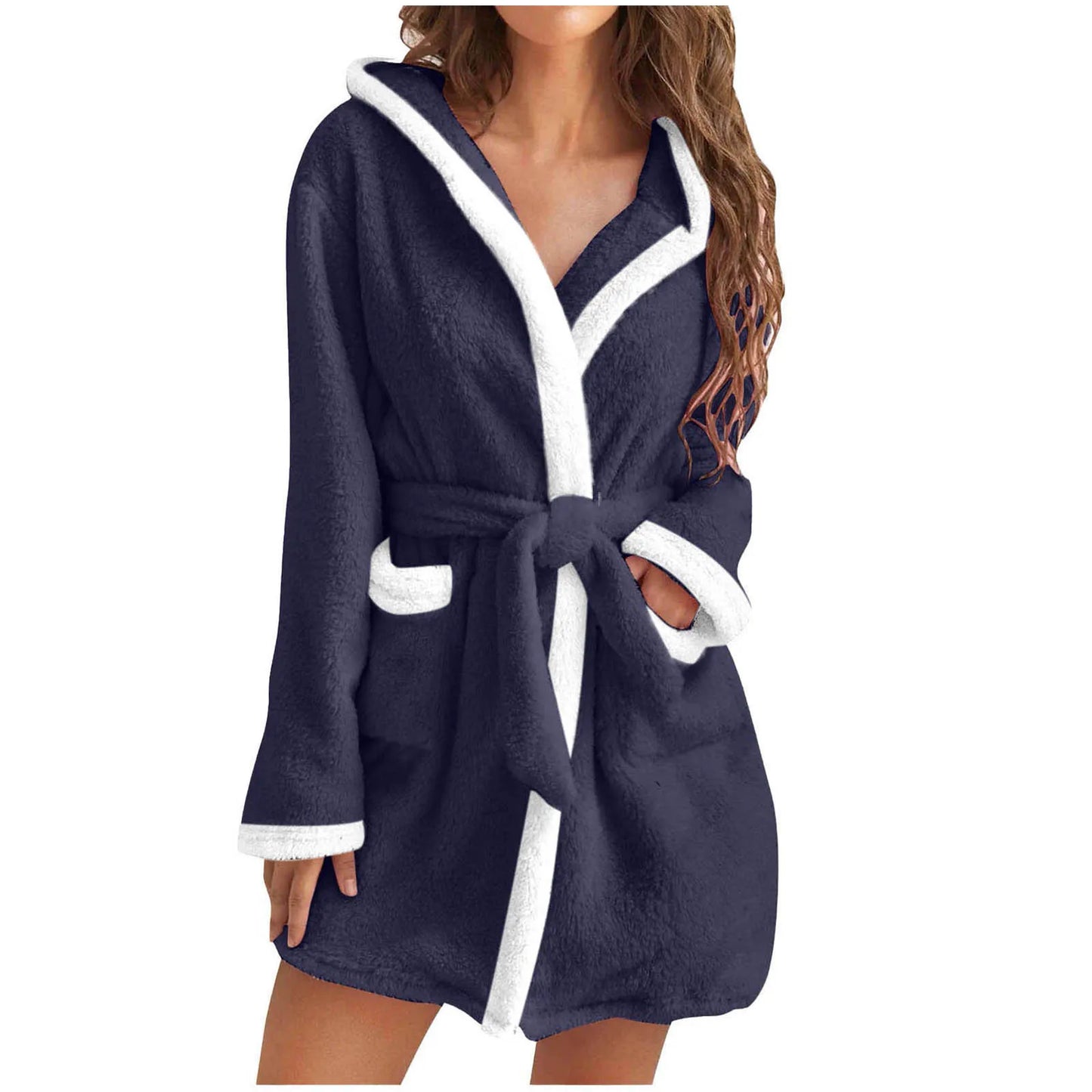Women Coral Fleece Bathrobe Autumn And Winter Home Warm Sleepwear Casual Solid Color Matching Shower Robes Hooded Kimono Robe