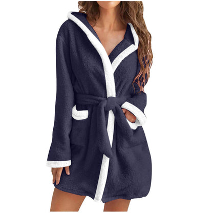 Women Coral Fleece Bathrobe Autumn And Winter Home Warm Sleepwear Casual Solid Color Matching Shower Robes Hooded Kimono Robe