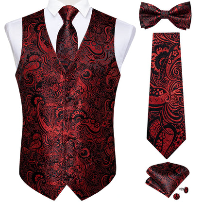 Men's Black Solid Paisley Suit Vest with Necktie Bow Tie Handkerchief Cufflinks Formal Waistcoat for Wedding Prom Tuxedo