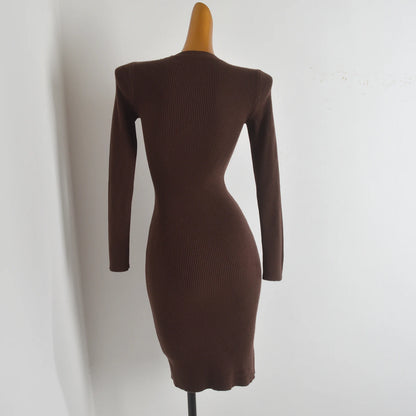 Spring Autumn Knitted Elastic Waist Dress Coat Design Button round Neck Bodycon Skirt Casual Style Long Sleeve Women's Dress