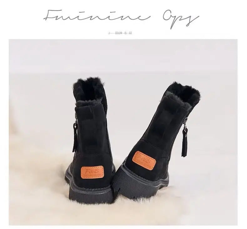 2026 New Winter Women's Snow Boots Trendy Mid Top Plush Thickened Warm Cotton Shoes Leather Wool Integrated Winter Women's Boots