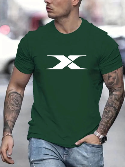 Summer men's 100% cotton casual loose fit large X letter print round neck short sleeved T-shirt top High Street Unisex style