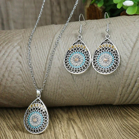 Ethnic Feng Shui Droplet Hollow Colored Glazed Earrings for Women Bohemian Vacation Short Necklace Jewelry Set