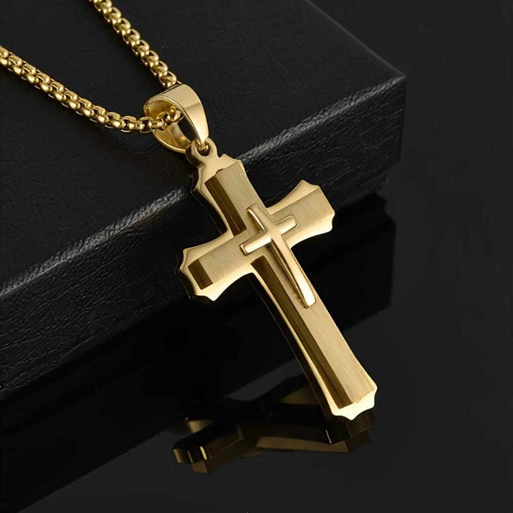 14K Gold Plated Men's Three-Layer Cross Necklace Hip Hop European Style Trendy Accessory Pendant Daily Jewelry Accessories USA