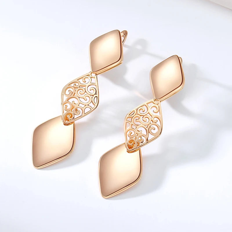Glossy Long Dangle Earrings For Women SYOUJYO 585 Rose Gold Color English Buttons Luxury Bride Wedding Fine Jewelry Gift