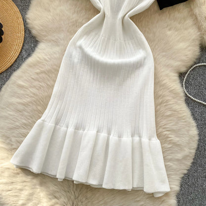 SINGREINY French Vintage Elegant Dress Women V Neck Buttons Elastic Waist Slim Fit Sundress Patchwork Mermaid Bodycon Dress