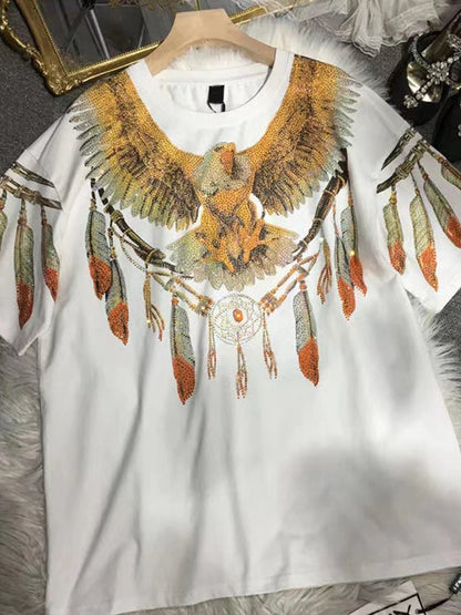 Plus Size Graphic Tees for Women Eagle Rhinestone Printed Tops Loose Fit T Shirts Short Sleeve Oversized Streetwear