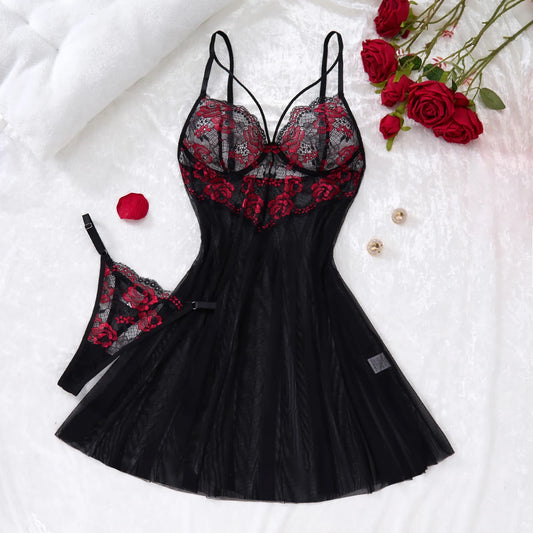 Lady's Sexy Lace Black Strapless Nightgown, Transparent Lace Nightgown, Floral Pattern with Strapless Transparent