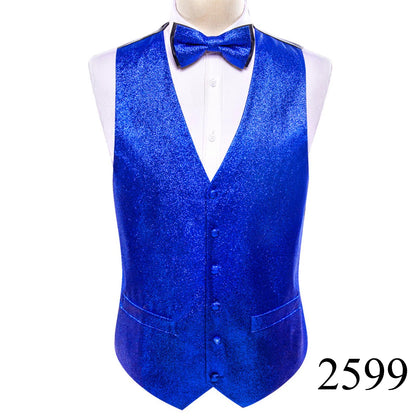 Mens Vest Gold Silver Black Red Pink Blue Green Yellow Solid Solid V-Neck Waistcoat Bowtie Set Barry Wang