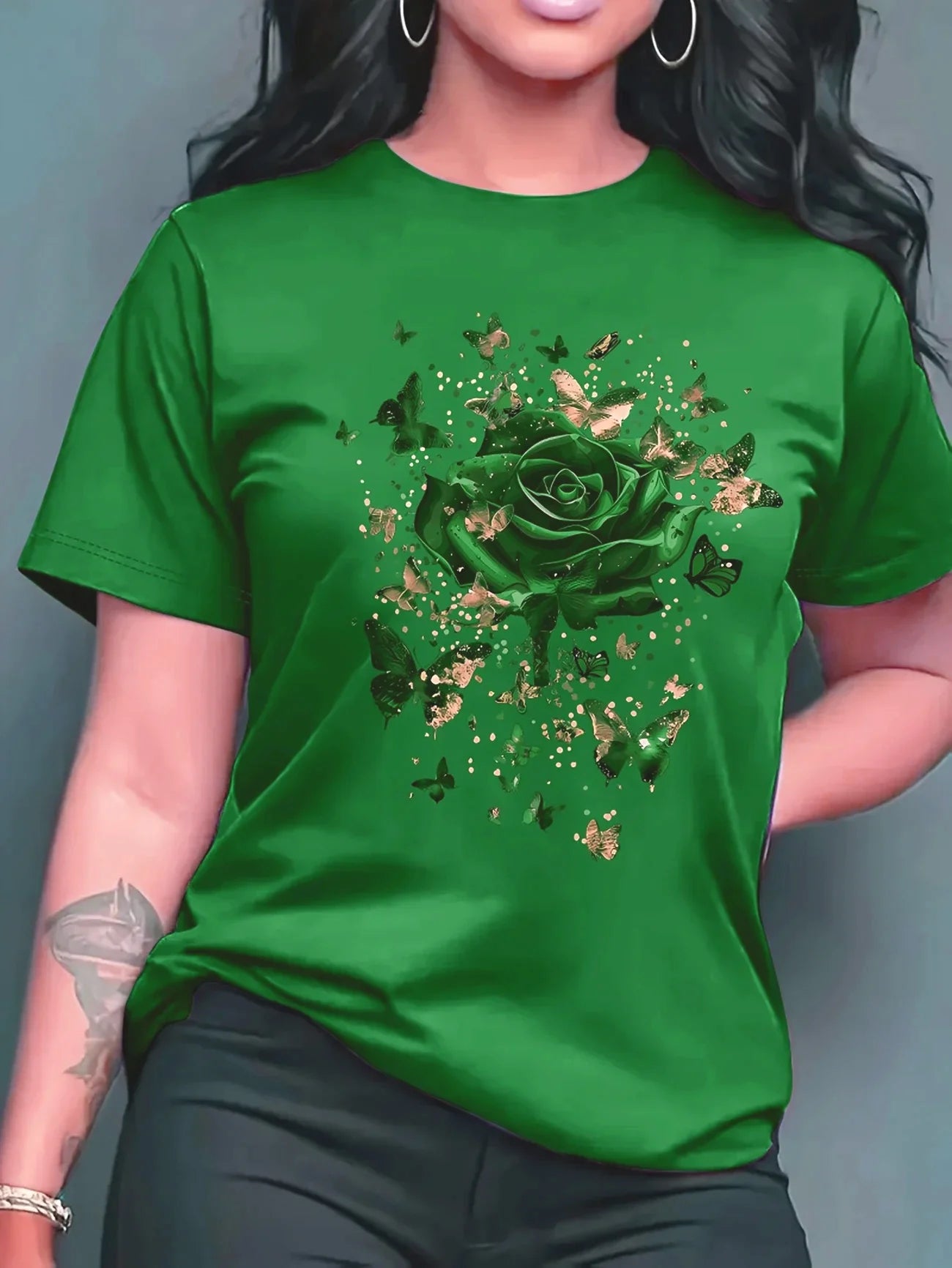 Women's Casual Short-sleeved Round Neck T-shirt - Bright Butterfly and Rose Pattern Print, Spring and Summer Women's T-shirt