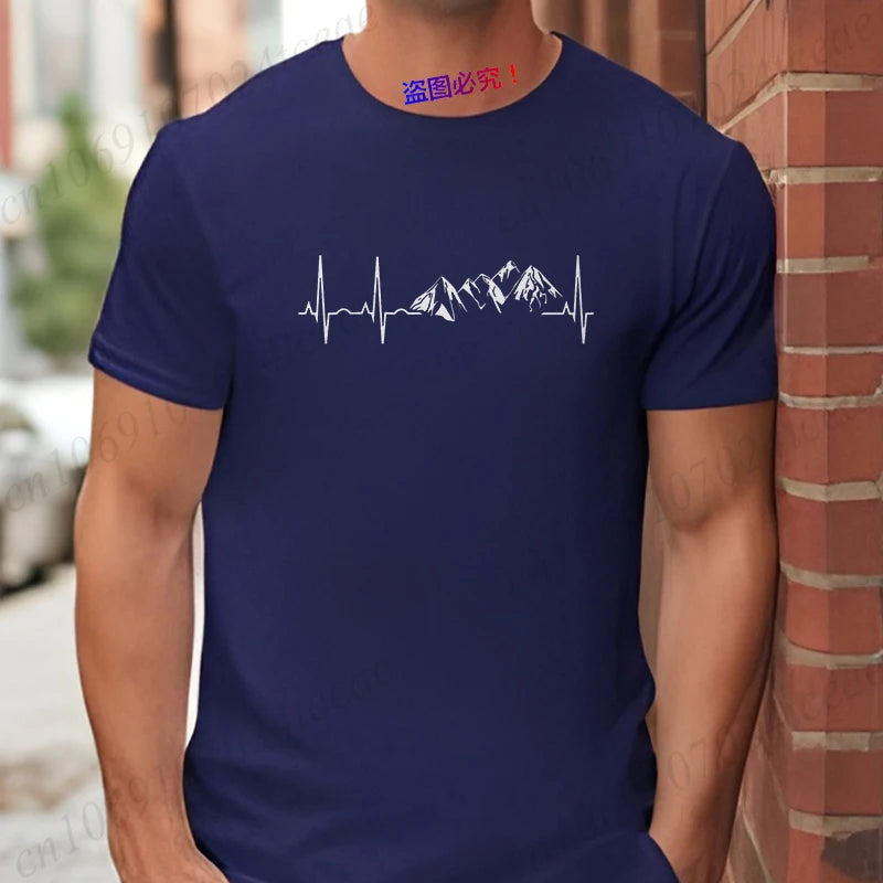 Mountain Heartbeat T-shirt for Men Climbing Hiking Graphic Y2k Tops Casual Streetwear Short Sleeve Tees Men's Oversized Clothing