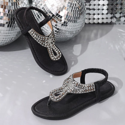 Shiny Crystal Clip Toe Flat Sandals Women 2025 Summer Bohemia Style Beach Sandals Woman Lightweight Outdoor Flip Flops Mujer