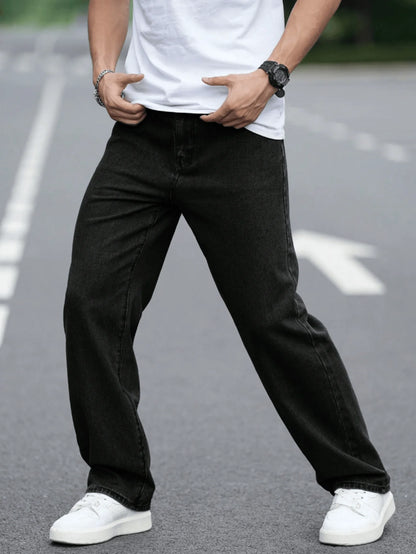 Men's Straight-Leg Casual Jeans with Five-Pocket Design in Black for All-Season Comfort and Mid-Rise Fit