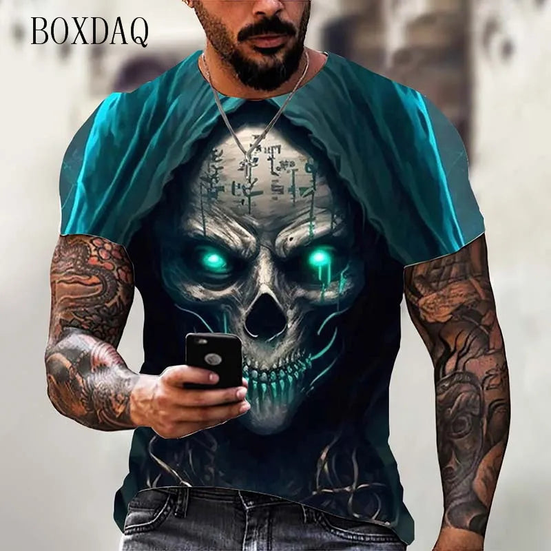 Fashion Trend Skull Pattern Men's T-Shirts 6XL Plus Size Short Sleeve Street Gothic Horror Skeleton Male Tops O-Neck Casual Tee