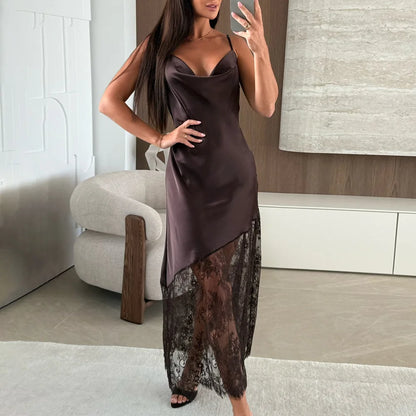 Tuularose Fashion Lace Long Dress Women's New Sexy V-Neck Lace Satin Patchwork Halter Dress Elegant Luxury Vintage Party Dresses