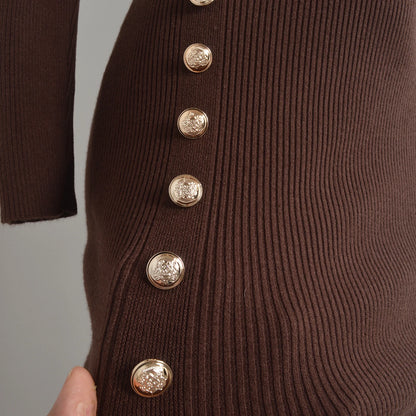 Spring Autumn Knitted Elastic Waist Dress Coat Design Button round Neck Bodycon Skirt Casual Style Long Sleeve Women's Dress