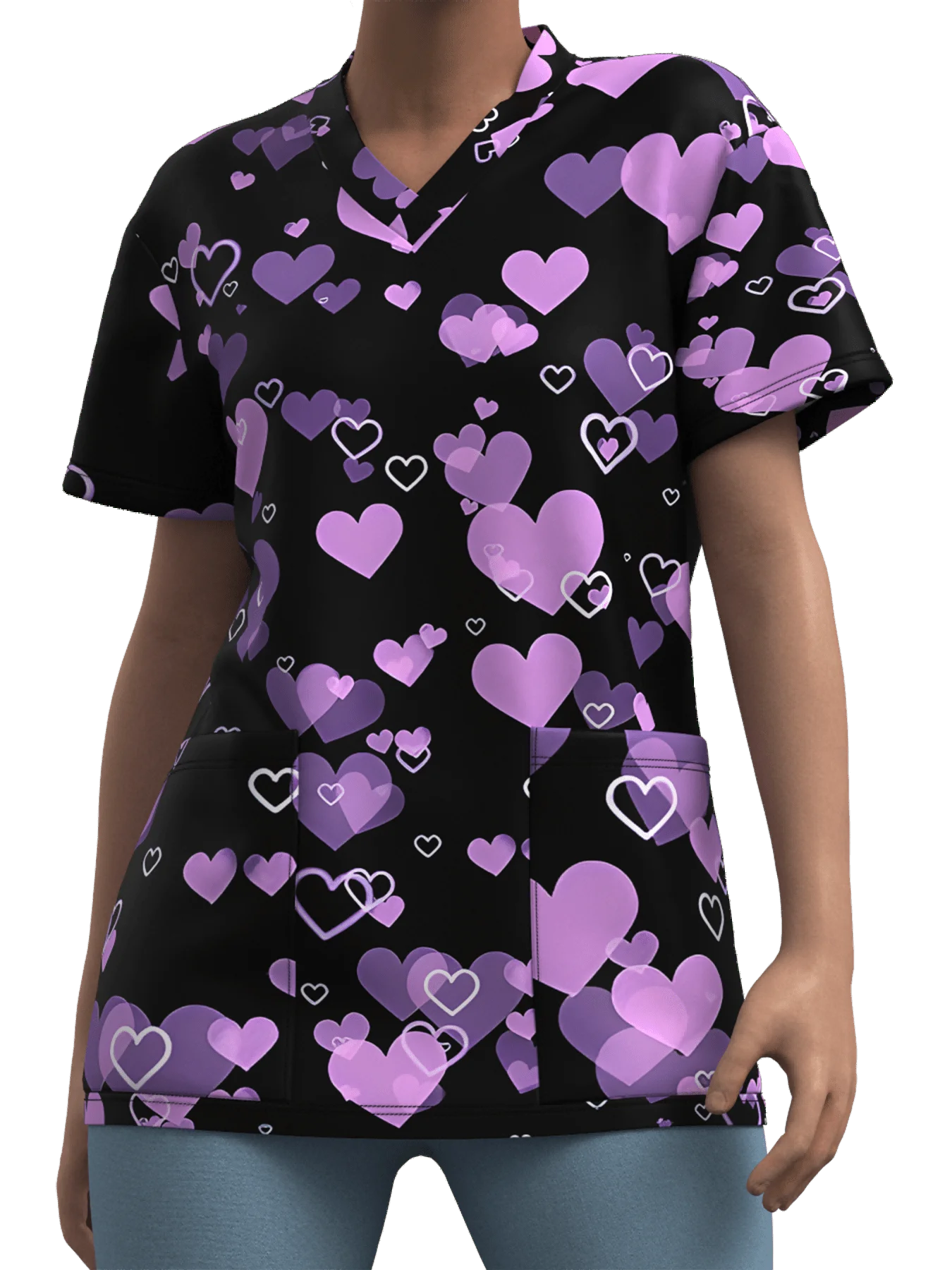Nurse Uniform Woman Heart Bow Print Casual V Neck Health Care Medico Tops Micro-Elastic Short-SleeveClinical Uniform Clothing