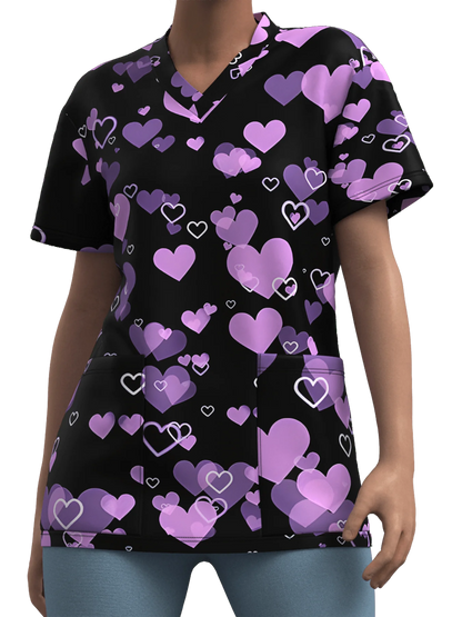 Nurse Uniform Woman Heart Bow Print Casual V Neck Health Care Medico Tops Micro-Elastic Short-SleeveClinical Uniform Clothing
