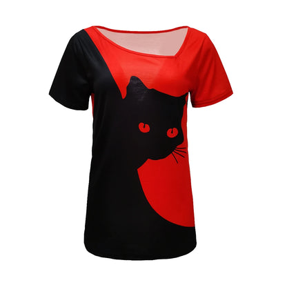 2023 summer women clothes blouse new style inclined collar black cat print short sleeve T-shirt women