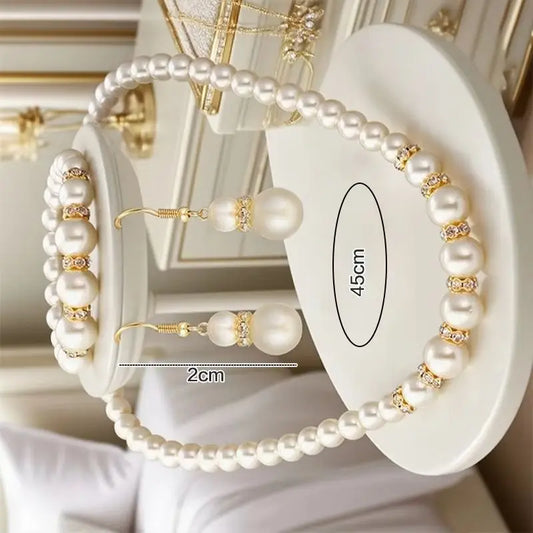 3 in1 Set Elegant Simulated Pearl Necklace Earrings Bracelet Long Necklace For Women Bridal Wedding Jewelry Gift