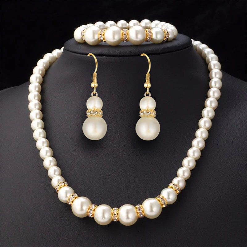3 in1 Set Elegant Simulated Pearl Necklace Earrings Bracelet Long Necklace For Women Bridal Wedding Jewelry Gift