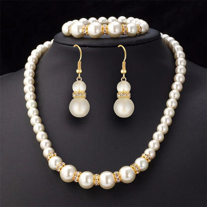 3 in1 Set Elegant Simulated Pearl Necklace Earrings Bracelet Long Necklace For Women Bridal Wedding Jewelry Gift